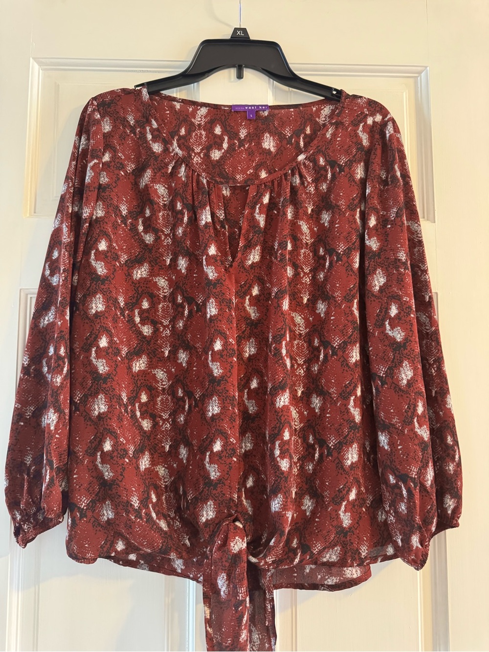 West Kei Rust Red & White Snake-Print Long Sleeve Tie-Front Blouse